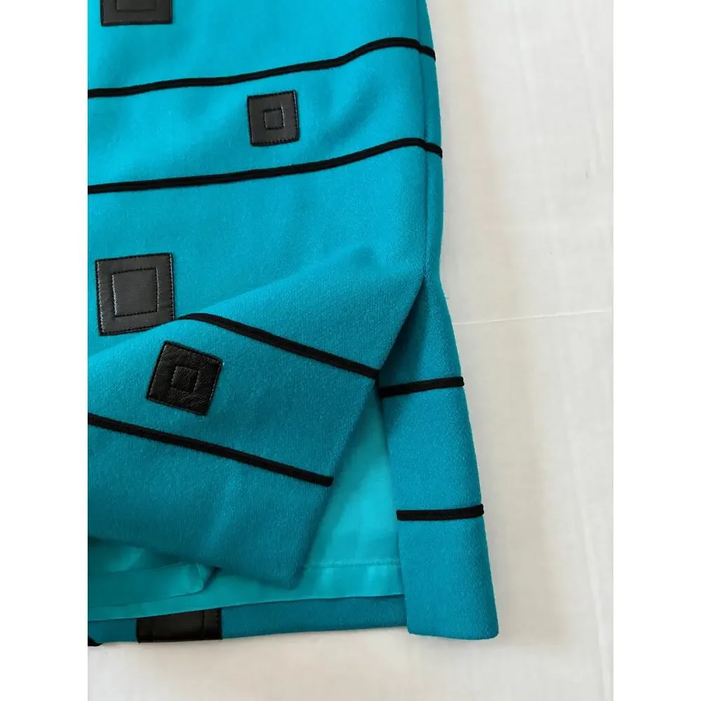 Carlisle Skirt Pencil Wool Blend Turquoise Black Geometric Raised Pattern Size 8